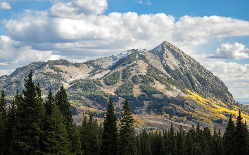 Colorado mountain peak with fall colors and pine trees